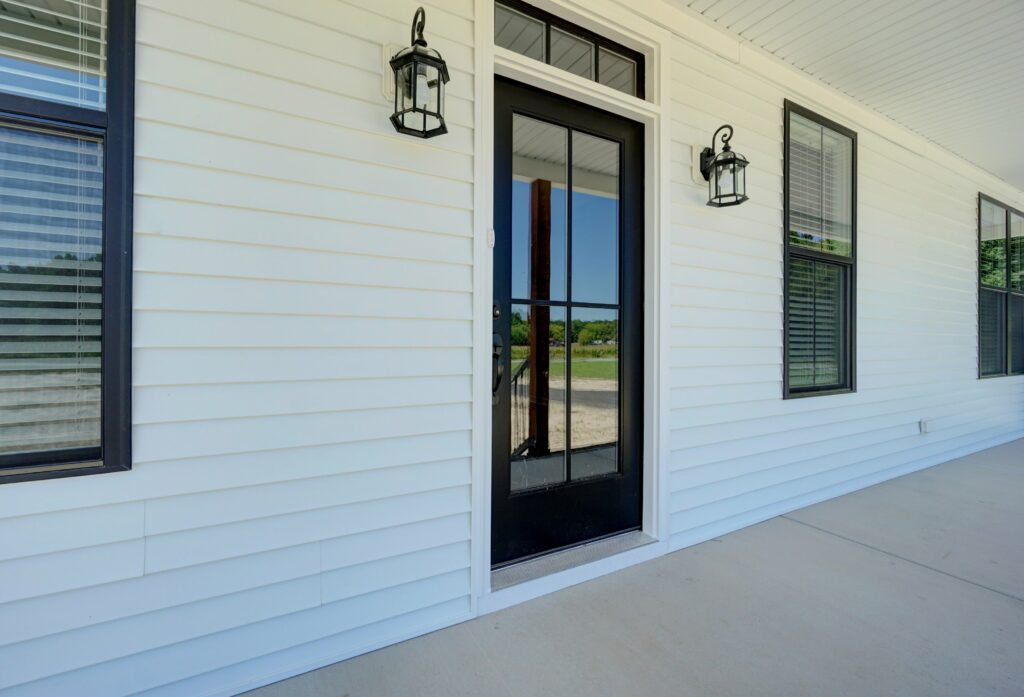 Windsor Exterior Front Porch White with Black Windows and Black Front Door